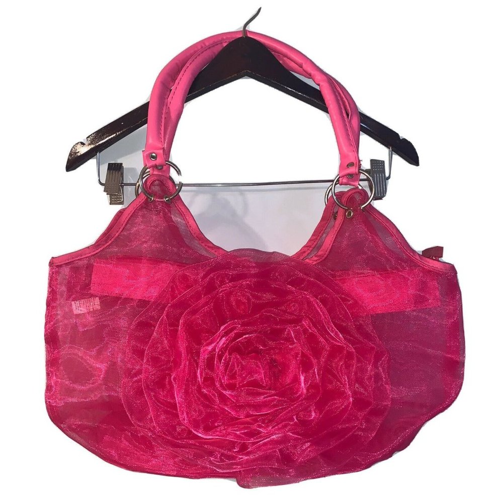 Shimmer Tulle Flower Twirl Mesh Women's Large Tote Shoulder Bag Purse pink
